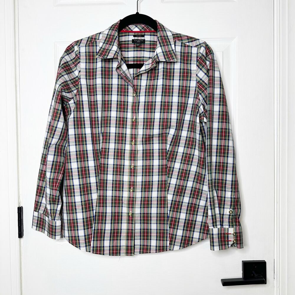 Talbots Non-Iron Plaid Metallic Gold Red Green Button Down‎ Shirt Sz 8Petite